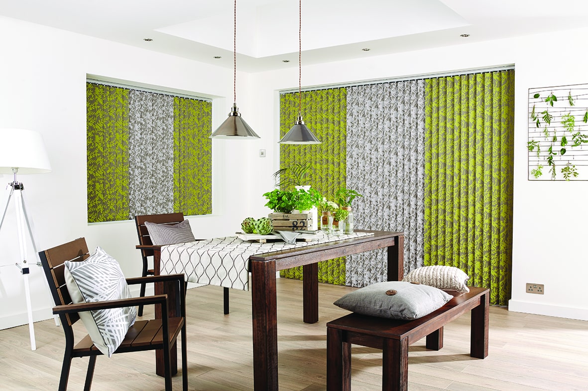 Chartreuse and Silver vertical blinds in the lounge/diner - Blinds Norfolk - Norwich Sunblinds