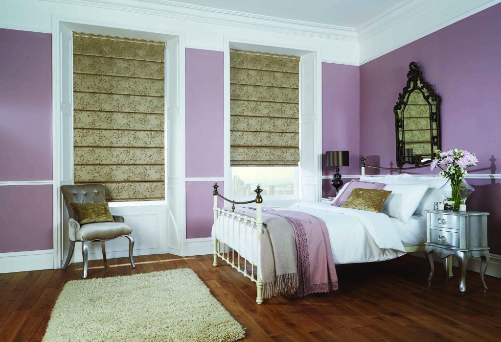 Antique gold Roman blinds in the bedroom - Blinds Norfolk - Norwich Sunblinds