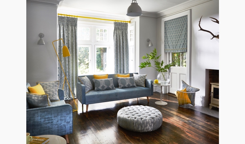 Grey living room curtains with yellow curtain pole - Blinds Norfolk - Norwich Sunblinds