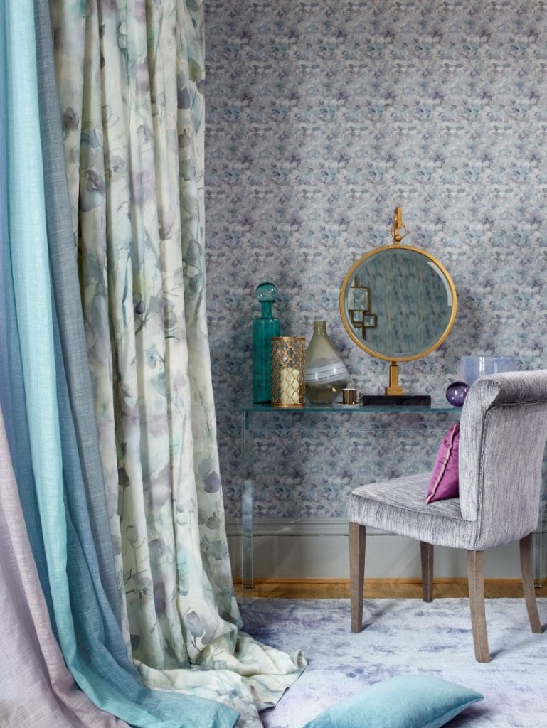 Delicate patterned curtains in hues of blue, brown and green - Blinds Norfolk - Norwich Sunblinds