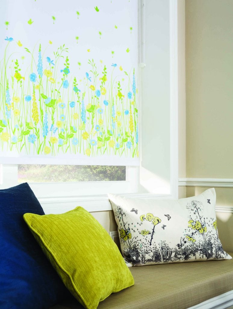 Yellow and blue flowers on a white background roller blind - Blinds Norfolk - Norwich Sunblinds