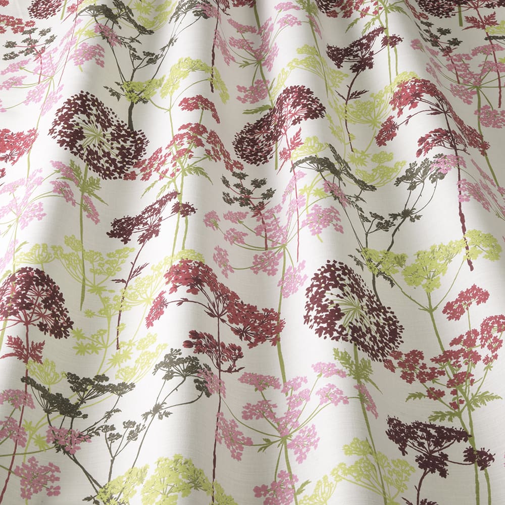fabric sample with delicate hedgerow magenta flower design - Curtains Norfolk - Norwich Sunblinds