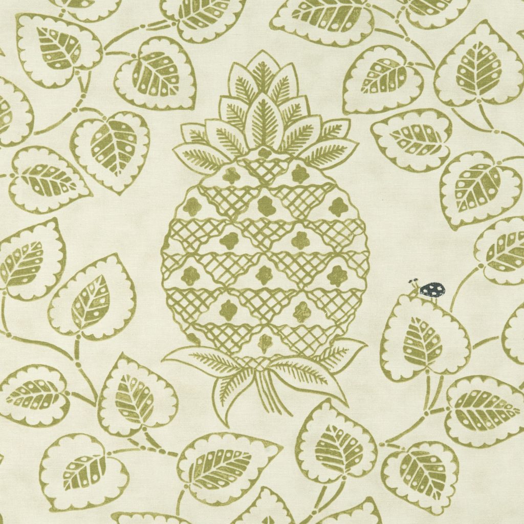 Green and cream fabric swatchwith pineapple and leaf design - Blinds Norfolk - Norwich Sunblinds