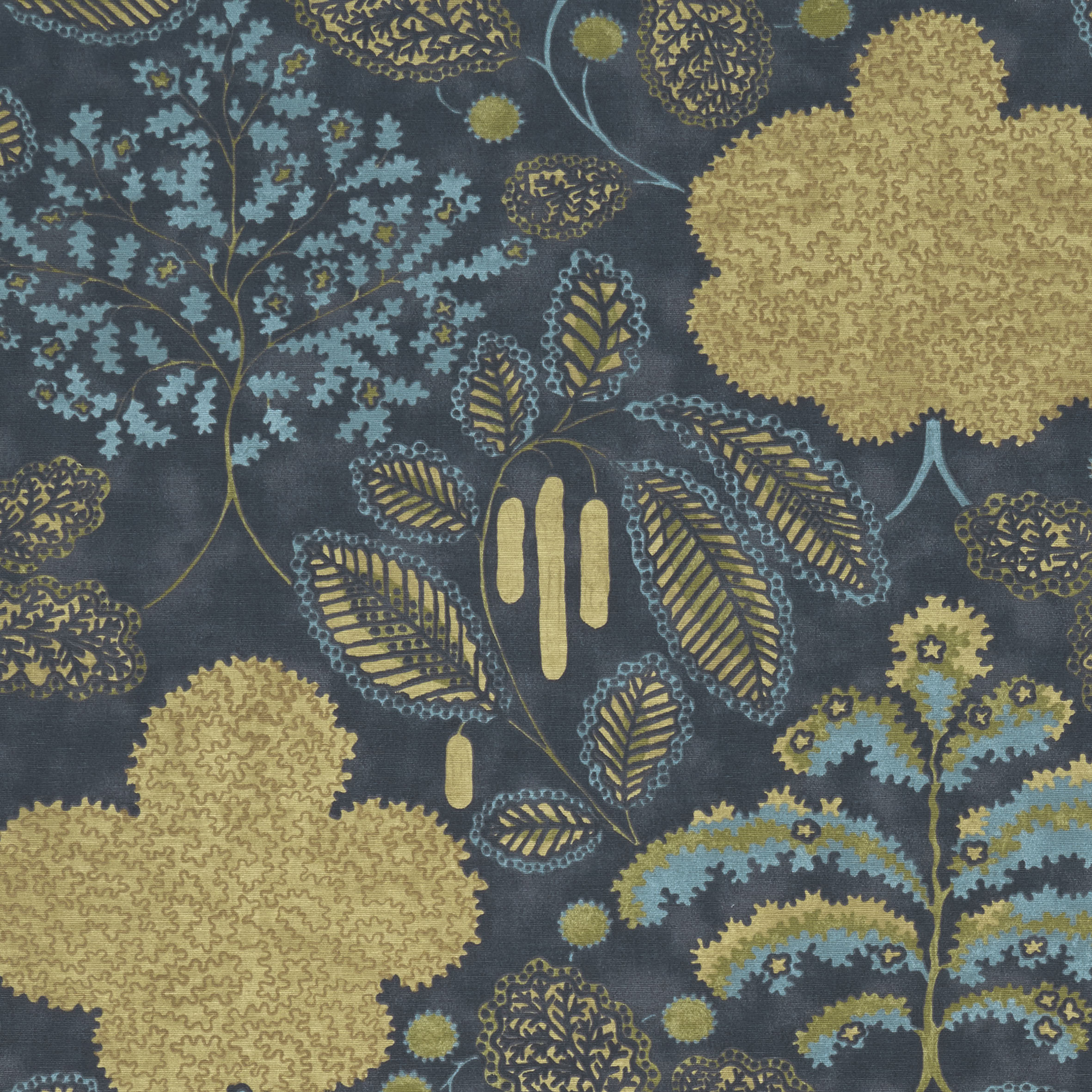 Close up of teal and gold leaf patterned fabric sample. - Blinds Norfolk - Norwich Sunblinds