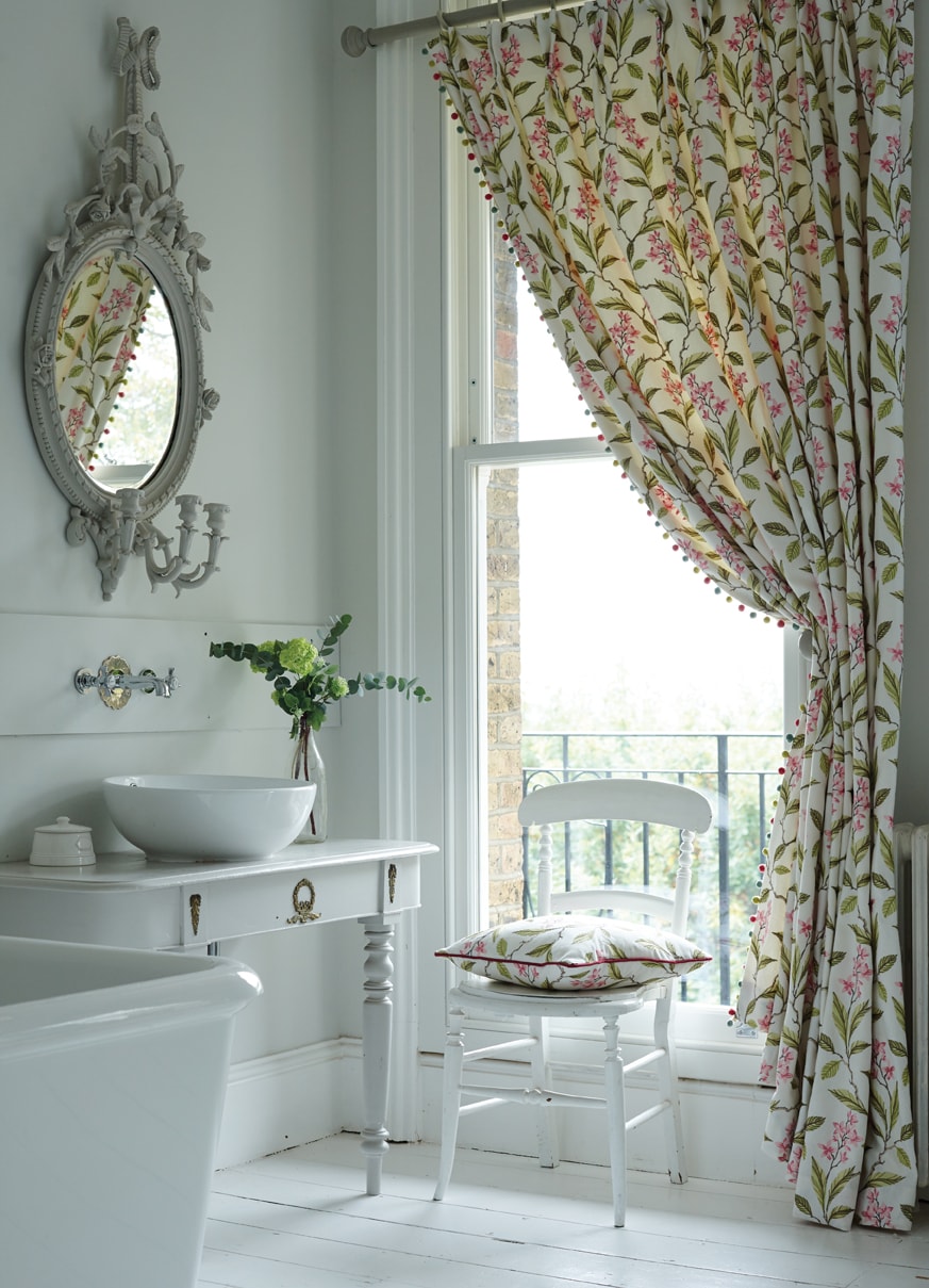 curtains with dainty pink flower and blossom design with green leaves on a cream background - Curtains Norfolk - Norwich Sunblinds