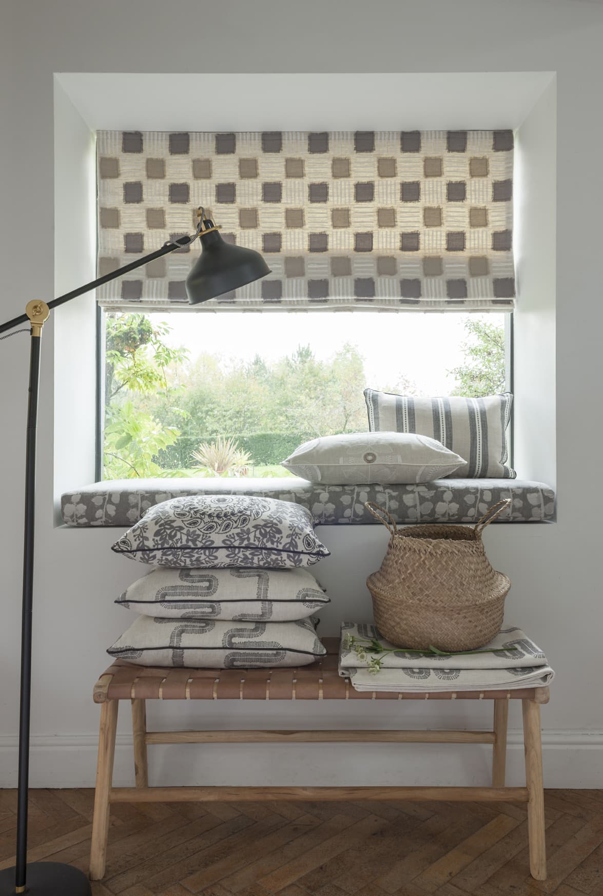 Cream and tan chequered fabric design in roman blinds - Blinds Norfolk - Norwich Sunblinds