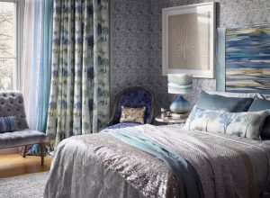 Delicate tree pattern in blue and grey on cream background in bedroom curtains - Curtains Norfolk - Norwich Sunblinds