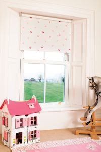 RAIrwin pink and cream Flutterby childrens blind fabric - Blinds Norfolk - Norwich Sunblinds