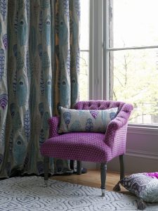 Feather design curtain and cushions in blues and pinks - Blinds Norfolk - Norwich Sunblinds
