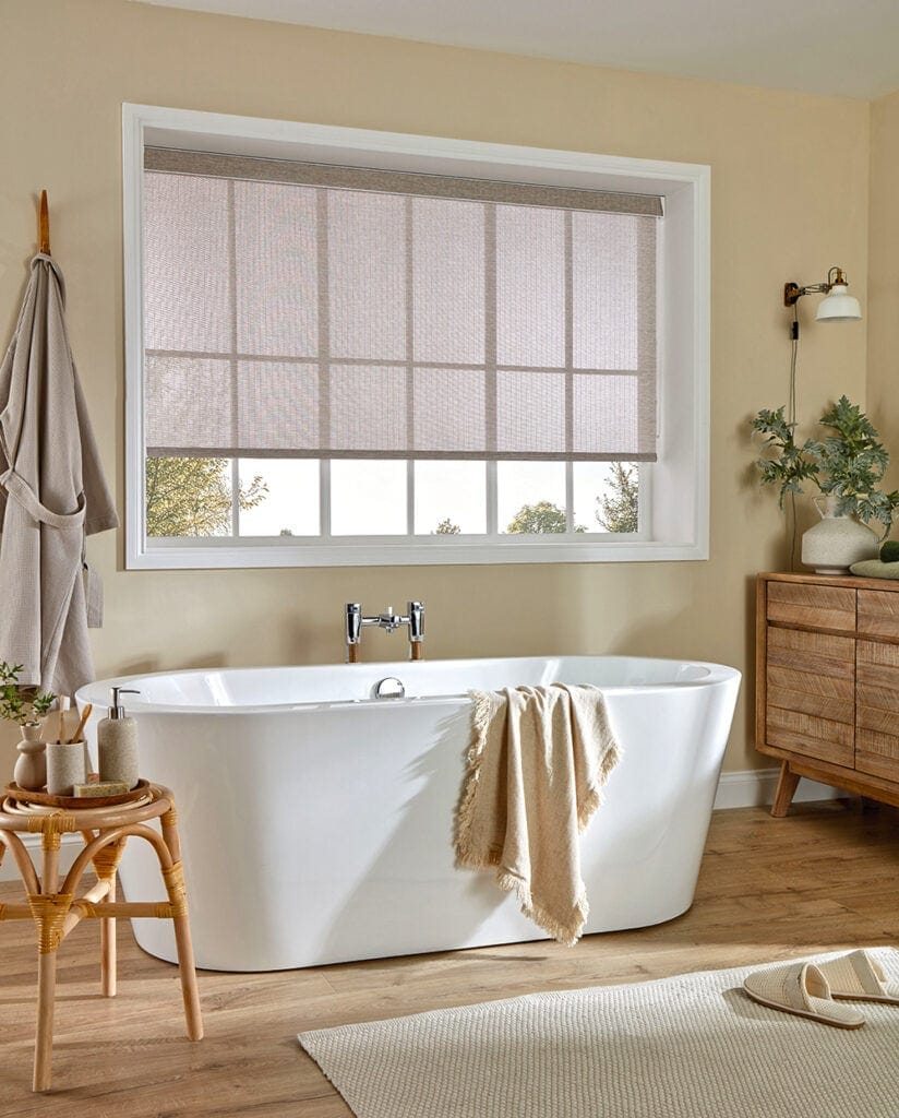 Roller Blinds in a bathroom in Montego-Mushroom Colourway