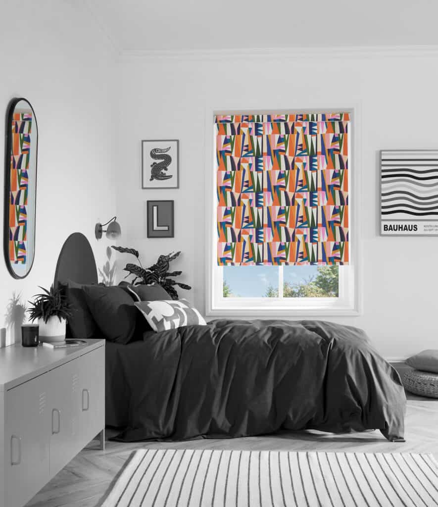 A colourful roller blind made with blackout fabric