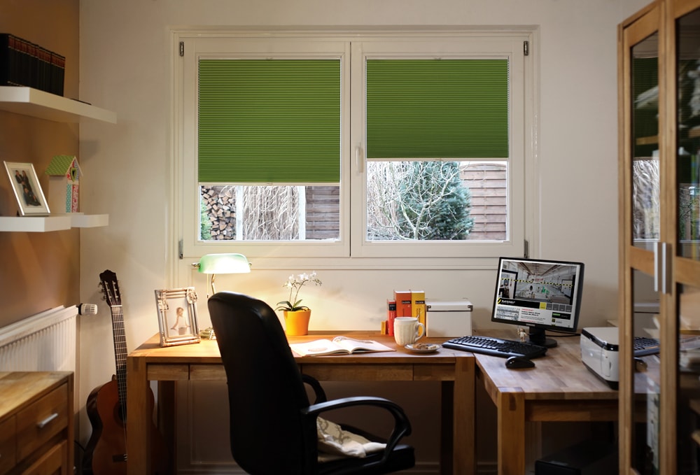 Green Twilight perfect fit pleated blinds in home office - Blinds Norfolk - Norwich Sunblinds