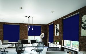 Saffire coloured roller blinds in an office / boardroom setting - Blinds Norfolk - Norwich Sunblinds