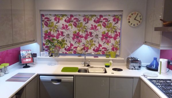 Pink and lime flowered kitchen blind in Norwich - Blinds Norfolk - Norwich Sunblinds