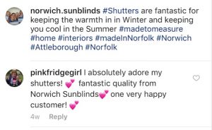 Feedback on Instagram for our shutters - Shutters Norfolk - Norwich Sunblinds