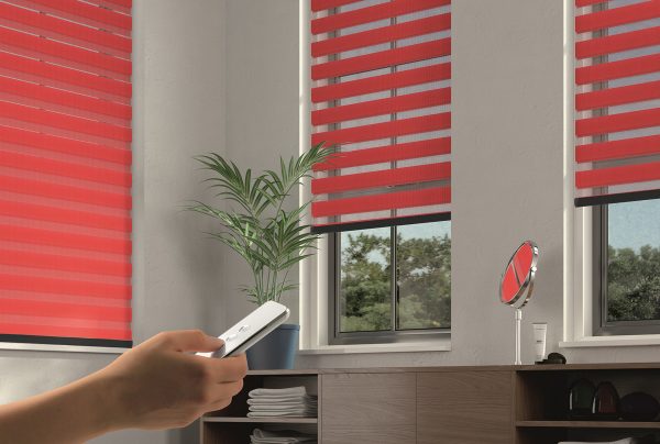 Red bathroom motorised blinds - Blinds Norfolk - Norwich Sunblinds