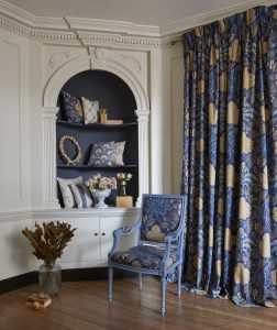 Full length curtains in navy and yellow luxurious fabric - Blinds Norfolk - Norwich Sunblinds