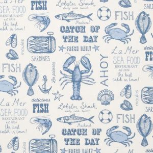 Fabric sample showing blue seafood designs on cream background - Blinds Norfolk - Norwich Sunblinds