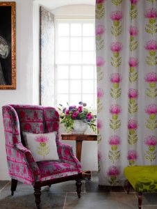 Pink and green pattern on white background - floor to ceiling curtains - Curtains Norfolk - Norwich Sunblinds