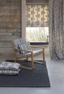 Taupe patterned roman blinds and curtains with matching cushion - Blinds Norfolk - Norwich Sunblinds