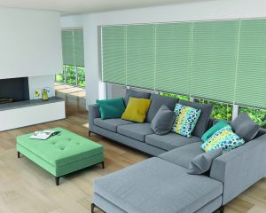 Grey sofa and pastel pleated blinds - Blinds Norfolk - Norwich Sunblinds