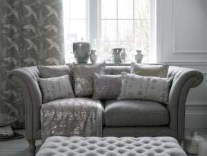 Metallic Silver curtains and soft furnishings in living room - Curtains Norfolk - Norwich Sunblinds