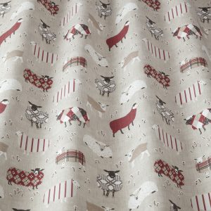 Fabric sample with red and white sheep on taupe background - Blinds Norfolk - Norwich Sunblinds