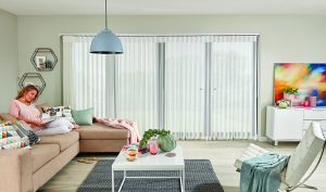 White Allusion blinds in living room closed but with louvres rotated to allow in filtered light - Blinds Norfolk - Norwich Sunblinds