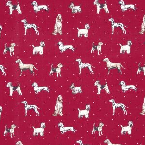 fabric sample - burgundy background with cream coloured dogs of all types - Blinds Norfolk - Norwich Sunblinds
