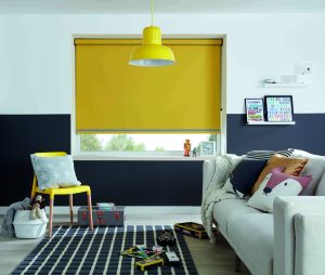 Bright yellow roller blind in family room - Blinds Norfolk - Norwich Sunblinds