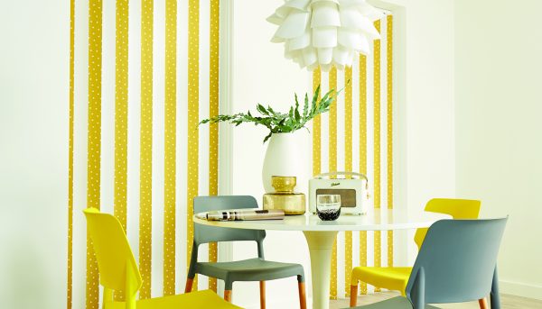 Vertical blinds in dining area with alternate Yellow and white louvres - Blinds Norfolk - Norwich Sunblinds