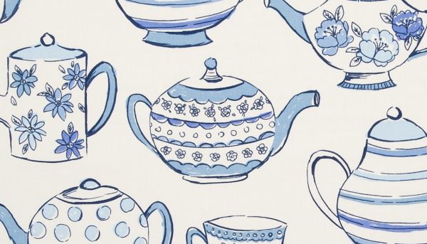 Digital fabric sample with blue tea posts on cream background - Blinds Norfolk - Norwich Sunblinds