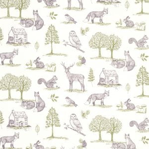 Digital fabric sample showing forest animals on a white background