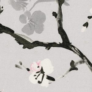 Digital fabric sample: cream cherry blosson against a grey background and black branch.