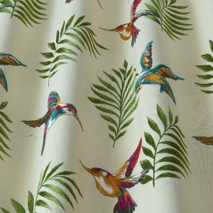 Digital fabric sample showing humming birds and green fronds on cream background