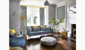 A yellow curtain pole adds a splash of vibrant colour to a grey decor - Curtains Norfolk - Norwich Sunblinds