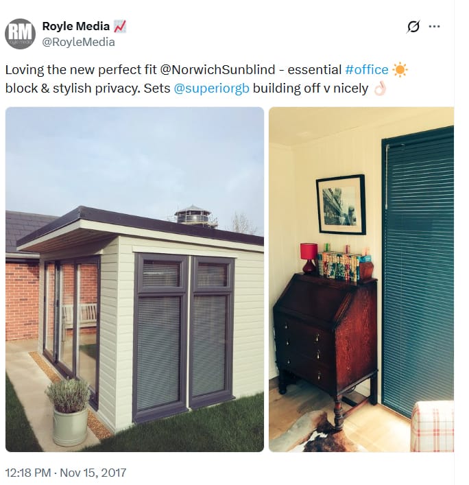 Screengrab from Twitter showing blinds fitted into a home office in Norwich