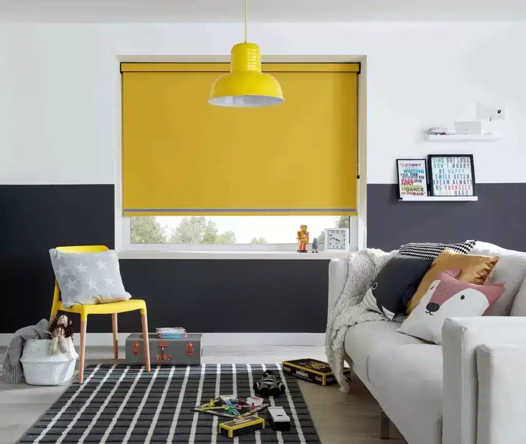 Bright Yellow Roller Blinds in a Living Room