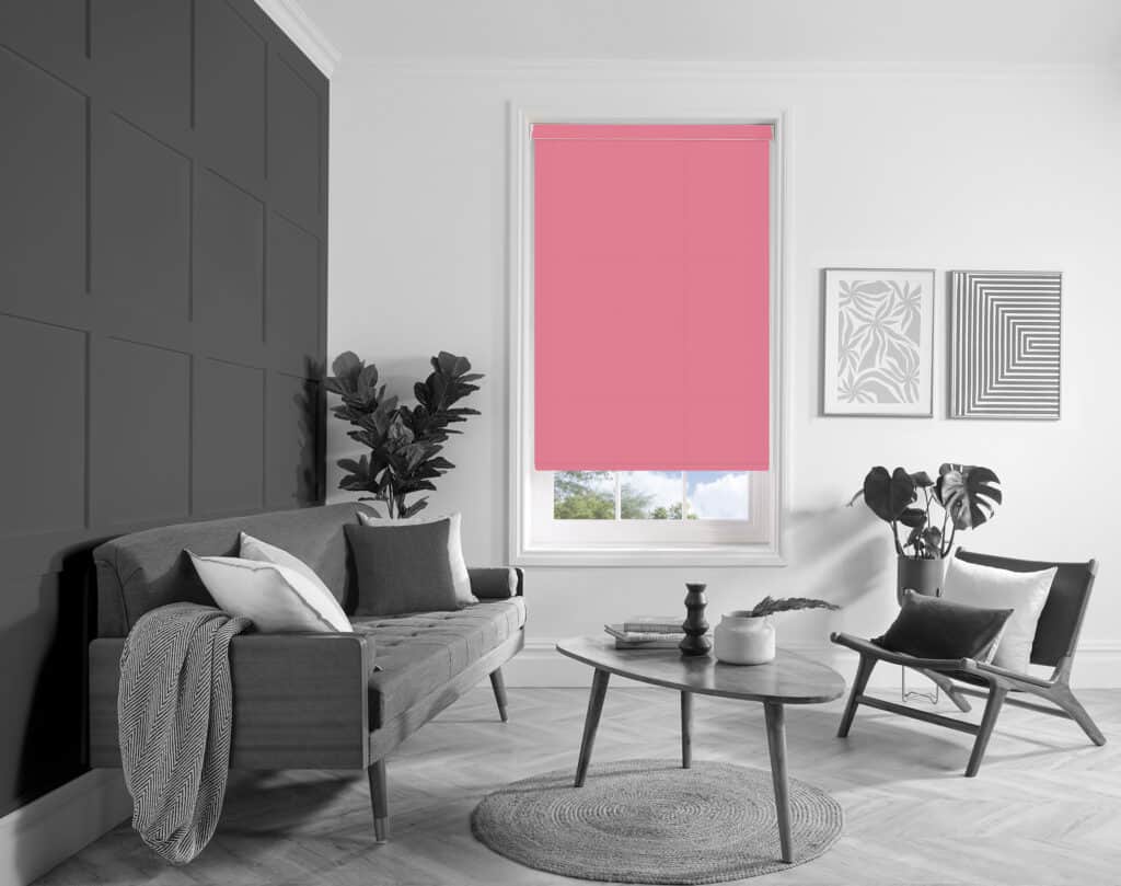 A roller blind in the new Carnival Bubble gum fabric from Norwich Sunblinds.