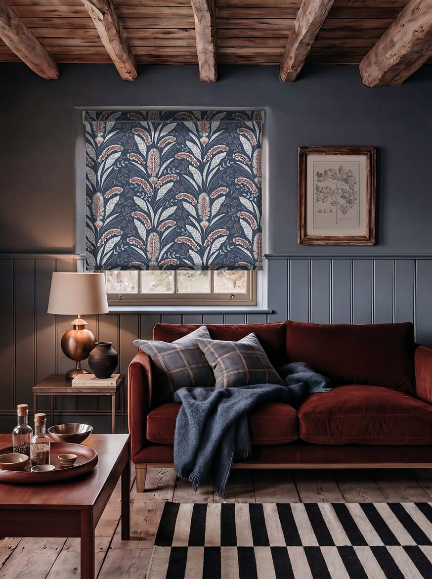 Midnight Garden Fabric Roller Blinds in a warm and inviting living room